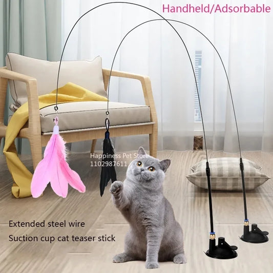 Cat Toy Cat Teaser Stick With Bell Extended Rod Suction Cup, Replaceable Feather Head