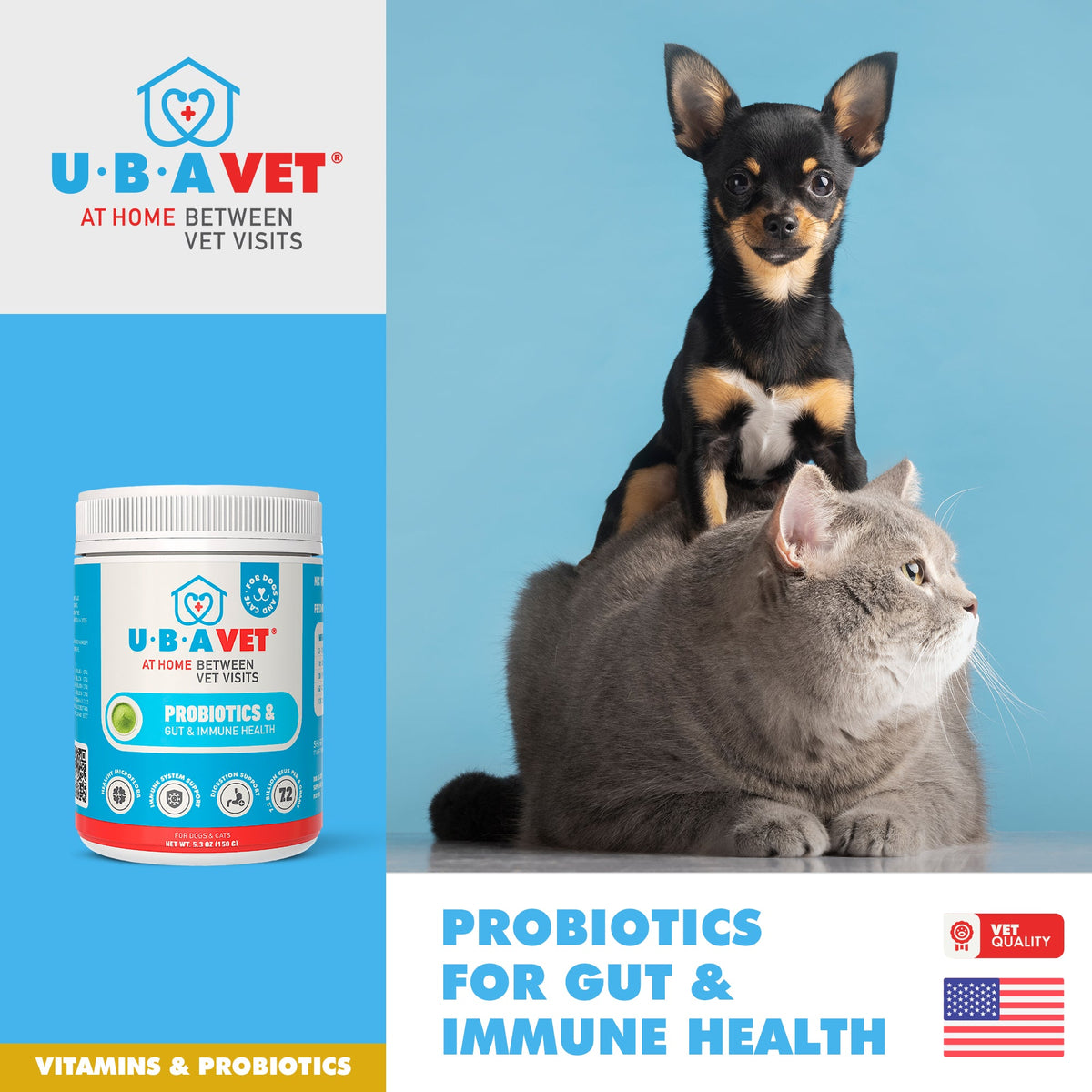 UBAVET Probiotics Gut & Immune Support Powder for Dogs & Cats, 5.3 oz